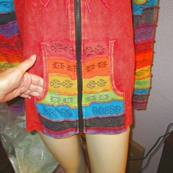 Rising SUNBURST Rainbow Size 2X HOODIE Full Zip SLASHED Jacket HIPPIE Boho ARTSY - Picture 3 of 11